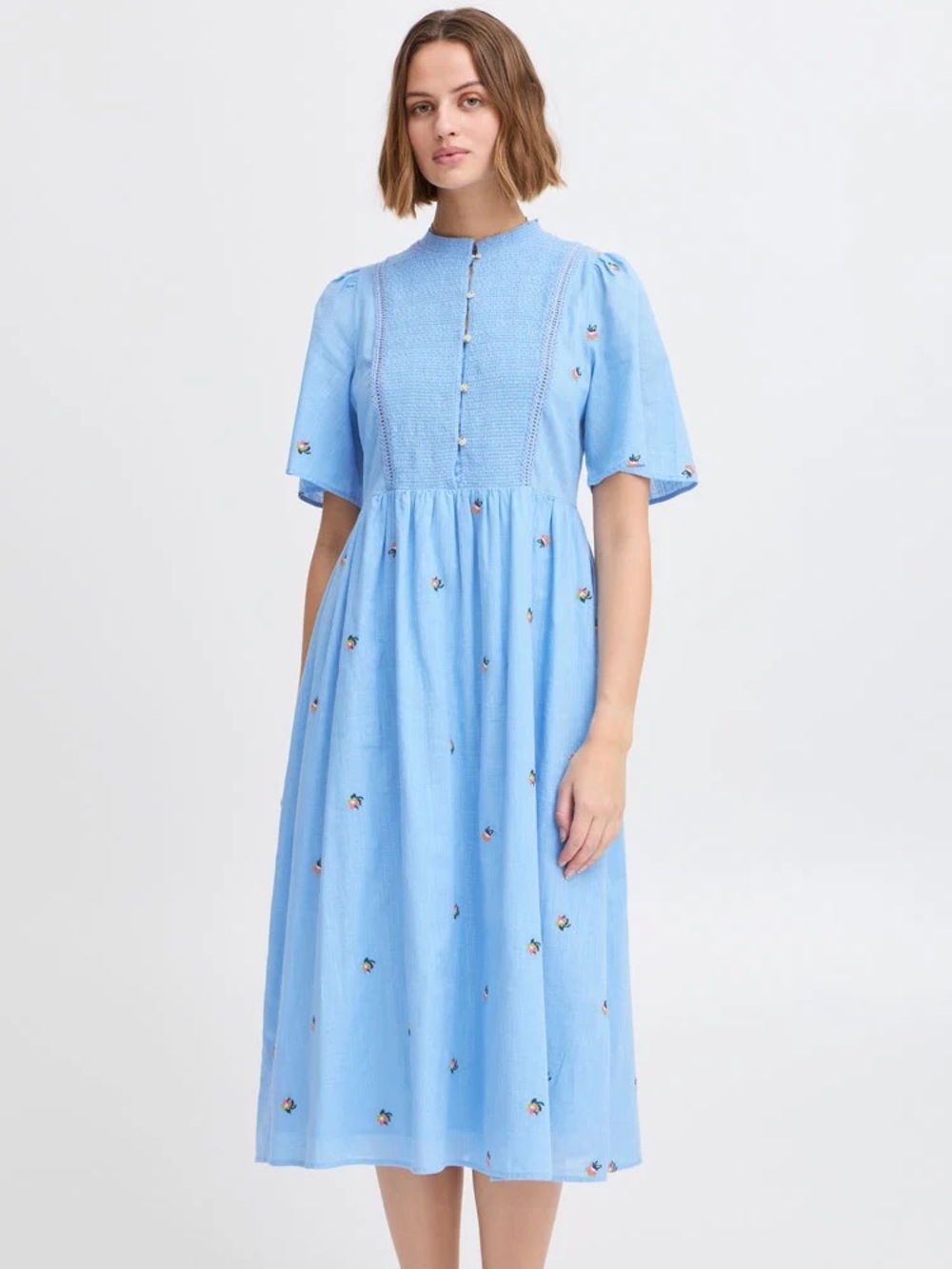 Atelier Reve Blue Cotton Floral Irolivia Midi Dress Embroidered